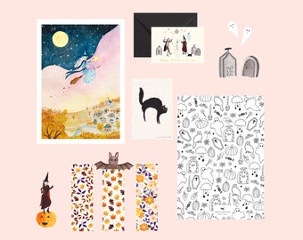 Halloween stationery box, autumn, gift box, stationery, bookmark, gift, witch, coloring, illustration