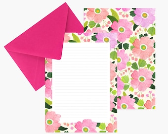 Pink flower writing paper, paper set, flowers, watercolor, birthday, correspondence, fancy stationery, small gift, lined paper