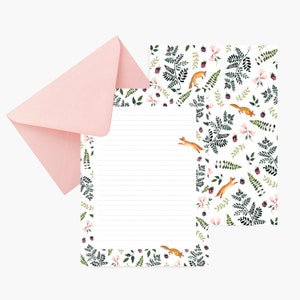 Carta da lettere Fox, set carta, cancelleria, compleanno, botanica, corrispondenza, acquerello, liberty, illustrazione, regalo