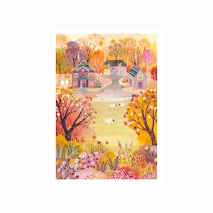 Manifesto autunnale, campagna, stagione, A4, stampa, illustrazione, decorazione per la casa, 21x29,7 cm, dipinto, acquerello, arte, fatto a mano, regalo