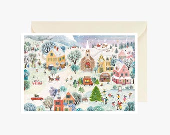 Carte postale village enchanté de noël, fête, joyeux noël, célébration, carte noël, père noël, carte de vœux, cadeau noël, illustration noël