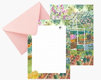 Papier à lettres la serre, set papier,  papeterie, anniversaire, botanique, correspondance, aquarelle, illustration, cadeau, chat