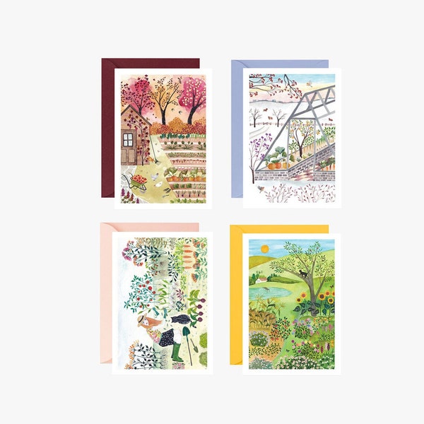 Carte postale, ensemble de cartes, saison, illustration décoration, enfant, maison, dessin, aquarelle, hiver, automne, printemps, été