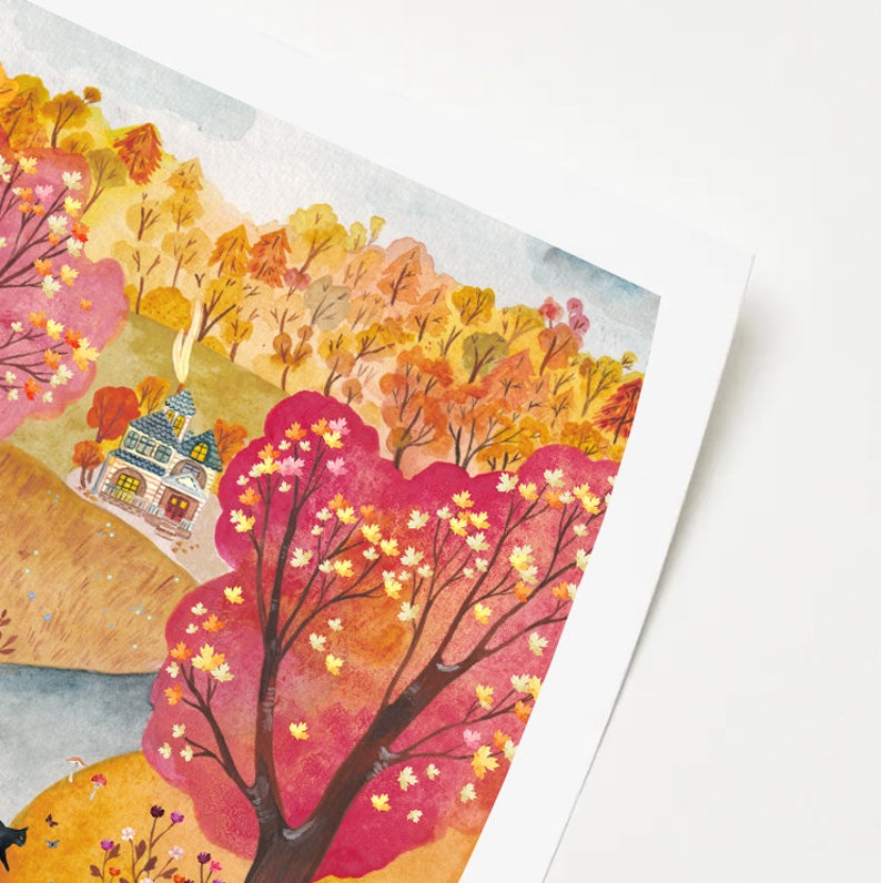 Peut inclure: Peinture &agrave; l'aquarelle d'un paysage d'automne avec une petite maison, des arbres aux feuilles rouges, orange et jaunes, et une rivi&egrave;re. La peinture a un style fantaisiste et charmant.