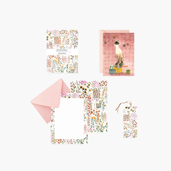 Set papeterie avec Papier à lettres notebook carte marque-page, illustration aquarelle fleurs motif liberty, végétation, papeterie fantaisie