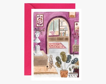 Carte de vœux, illustration, aquarelle, carte fleur, chat, décoration, enveloppe, carte postale, carte à message, livraison gratuite france