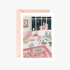 Carte postale, carte de vœux, anniversaire, illustration maison, couple, carte à message, couple, amour, Postkarte, illustration feministe