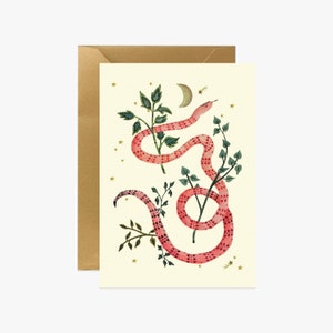 Card, postcard, vintage, Stationery, greeting card, floral, snake illustration, papergoods, art work, illustration, painting, carta postal