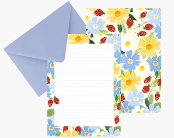 Aardbeienbriefpapier, papierset, bloemen, aquarel, verjaardag, correspondentie, luxe briefpapier, klein cadeautje, gelinieerd papier