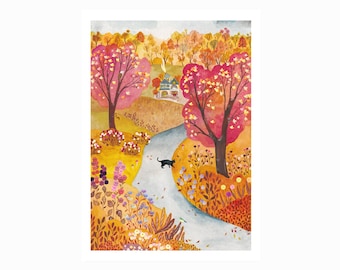 Póster de otoño, gato, temporada, A4, impresión, ilustración, decoración del hogar, 21 x 29,7 cm, pintura, acuarela, arte, hecho a mano, regalo