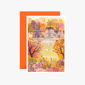 Carte postale campagne en automne, carte, carte de vœux, halloween, illustration automne, illustration nature, carte noël, cadeau, décoation