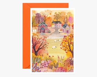 Postcard countryside in autumn, card, greeting card, halloween, autumn illustration, nature illustration, Christmas card, gift, decoration