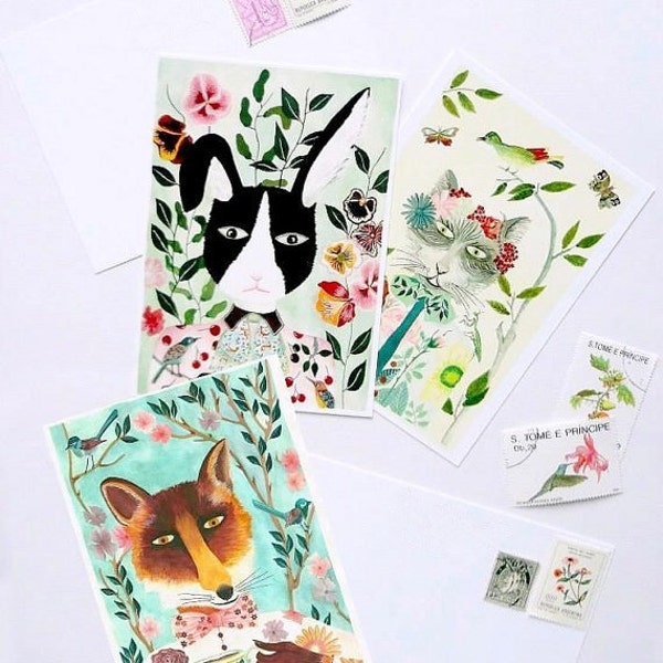 Carte postale, ensemble de cartes, renard, chat, lapin, illustration décoration, enfant, maison, dessin, aquarelle, animaux