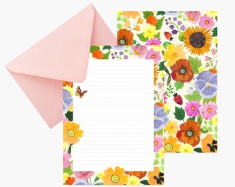 Carta da lettere con girasoli, set di carta, fiori, acquerello, compleanno, corrispondenza, carta da lettere elegante, piccolo regalo, carta a righe