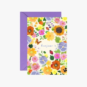 Carte bonjour, papeterie fantaisie , carte postale, carte motif fleur, carte de vœux, célébration, carte à message, anniversaire, aquarelle