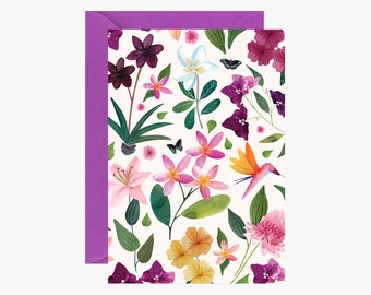 Card, papergoods, stationery, greeting card, Flowers postcard, vintage, floral, illustration, watercolor, carta postal, flores