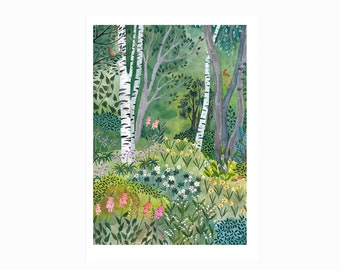 Affiche foret, Impression, nature, décoration maison, 21x29,7 cm, illustration, peinture, aquarelle, cadeau noël, illustration naïve