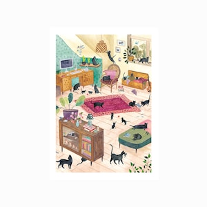Poster, zwarte kat, drukwerk, huisdecoratie, 21x29,7 cm, illustratie, schilderij, aquarel, cadeau, kerstcadeau, verjaardag