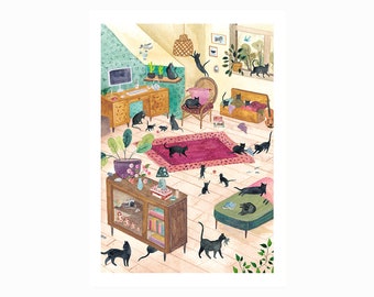 Pôster, gato preto, impressão, decoração para casa, 21x29,7 cm, ilustração, pintura, aquarela, presente, presente de Natal, presente de aniversário