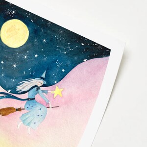 Cartaz de bruxa noturna A4, ilustração, bruxa, lua, impressão, decoração de casa, 21x29,7 cm, pintura, aquarela, pequeno presente imagem 2
