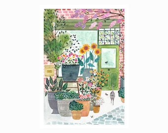A4 florist poster, cat, Printing, decoration, 21x29.7 cm, illustration, watercolor garden, painting, watercolor, nature, small gift