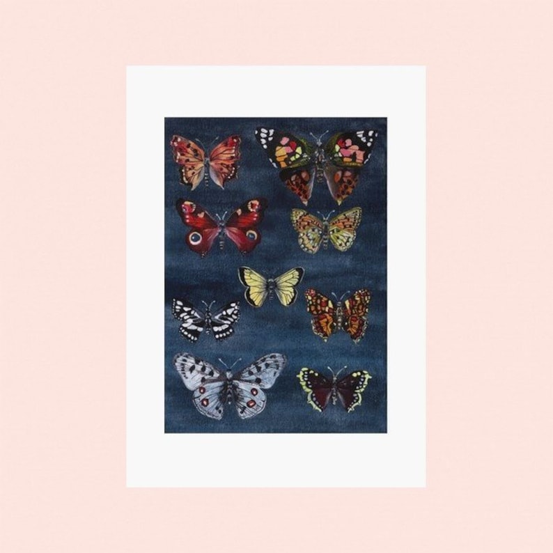 May include: A collection of ten watercolor painted butterflies on a dark blue background. The butterflies are in various colors, including red, orange, yellow, black, and white.