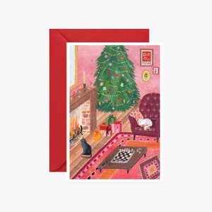 Christmas postcard, fir tree, cats, party, Merry Christmas, celebration, Christmas card, Santa Claus, greeting card, Christmas gift, Christmas illustration