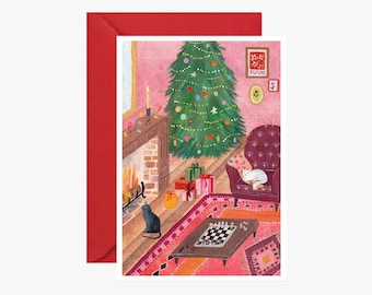 Carte postale noël, sapin, chats, fête, joyeux noël, célébration, carte noël, père noël, carte de vœux, cadeau noël, illustration noël