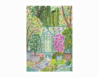 Garden poster, cat and dog, Printing, decoration, 21x29.7 cm, illustration, painting, watercolor, nature, small gift