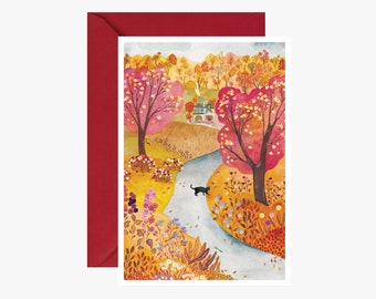 Carte postale promenade en automne, carte, carte de vœux, halloween, illustration automne, illustration nature, sorcière, carte noël, cadeau