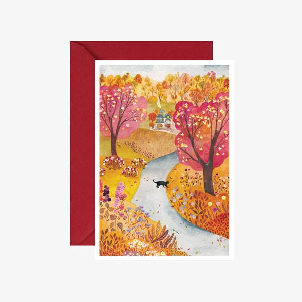 Carte postale promenade en automne, carte, carte de vœux, halloween, illustration automne, illustration nature, sorcière, carte noël, cadeau