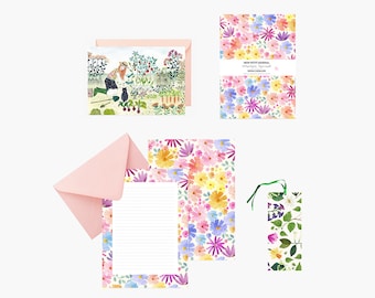 Set papeterie avec Papier à lettres notebook carte marque-page, illustration aquarelle fleurs, arc en ciel, végétation, papeterie fantaisie