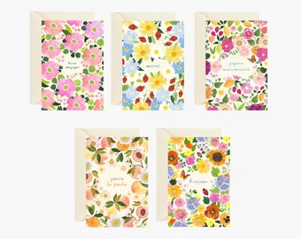 Fancy cards, set of 5 cards, postcard, flower pattern card, greeting card, celebration, message card, birthday, watercolor