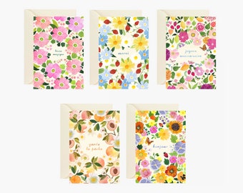 Fancy cards, set of 5 postcard cards, flower pattern card, greeting card, celebration, message card, birthday, watercolor