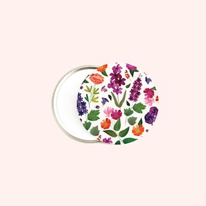 Miroir de poche, miroir de sac, fleurs, aquarelle, illustration, miroir rond, petit miroir, cadeau, pochon doré, lune, cadeau noël image 1