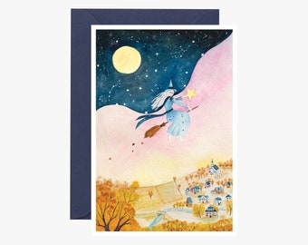 Night witch postcard, card, greeting card, halloween, autumn illustration, nature illustration, witch, christmas card, gift