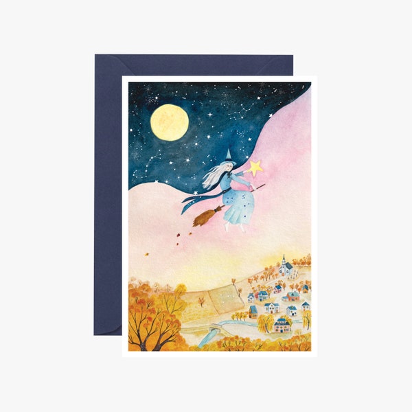 Carte postale sorcière de la nuit, carte, carte de vœux, halloween, illustration automne, illustration nature, sorcière, carte noël, cadeau