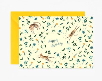Carte anniversaire, tigre, joyeux anniversaire, carte postale, palmier, motif exotique, carte célébration, livraison gratuite france