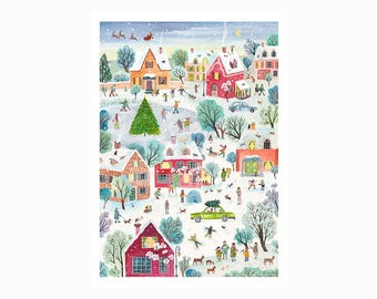 Affiche village de noël, Impression, décoration maison, 21x29,7 cm, illustration, peinture, aquarelle, livraison gratuite France, cadeau