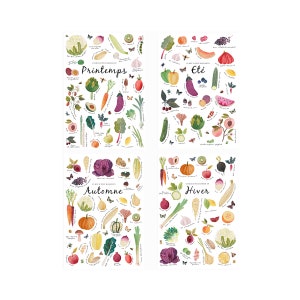 Set van 4 seizoensgroenten- en fruitposters, woondecoratie, 21x29,7 cm, illustratie, schilderij, aquarel, gratis verzending Frankrijk