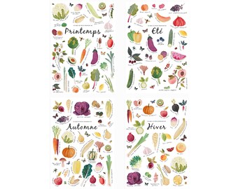 Lote de 4 carteles de frutas y verduras de temporada, decoración del hogar, 21x29,7 cm, ilustración, pintura, acuarela, entrega gratuita en Francia