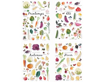 Set van 4 seizoensgroenten- en fruitposters, woondecoratie, 21x29,7 cm, illustratie, schilderij, aquarel, gratis verzending Frankrijk