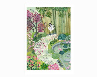 Póster de jardín japonés, Impresión, Grulla japonesa, Decoración del hogar, 21x29,7 cm, Ilustración, Pintura, Acuarela, Arte, Regalo, Navidad