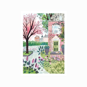A4 roze huisposter, kat, drukwerk, decoratie, 21x29,7 cm, illustratie, aquareltuin, schilderij, aquarel, natuur, klein cadeautje