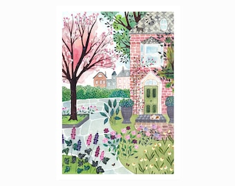 Affiche A4 maison rose, chat, Impression, décoration, 21x29,7 cm, illustration, aquarelle jardin, peinture, aquarelle, nature, petit cadeau