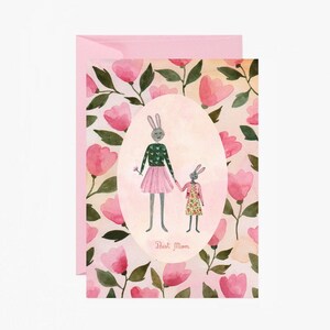 Carte de vœux, carte à message, carte fête des mères, lapin, je t'aime, maman, vintage, rose, cadeau, papeterie, livraison gratuite france