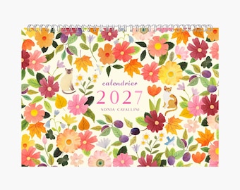 Calendario A4 2027, ilustración acogedora, calendario de pared, agenda, planificador, eventos, regalo de Navidad, calendario en espiral