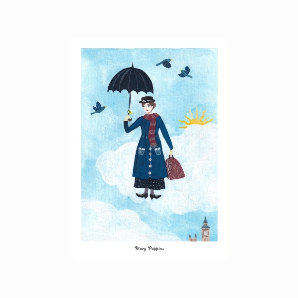 Mary Poppins poster, kinderkamer, drukwerk, woondecoratie, 21x29,7 cm, illustratie, schilderij, aquarel, cadeau, kerstcadeau