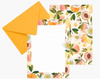 Papel de escribir melocotón, juego de papel, flores, acuarela, cumpleaños, correspondencia, papelería elegante, pequeño regalo, papelería para adultos