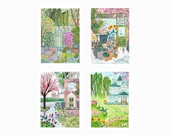 Garden posters, Printing, cat, flowers, home decoration, 21x29.7 cm, illustration, painting, watercolor, free delivery France